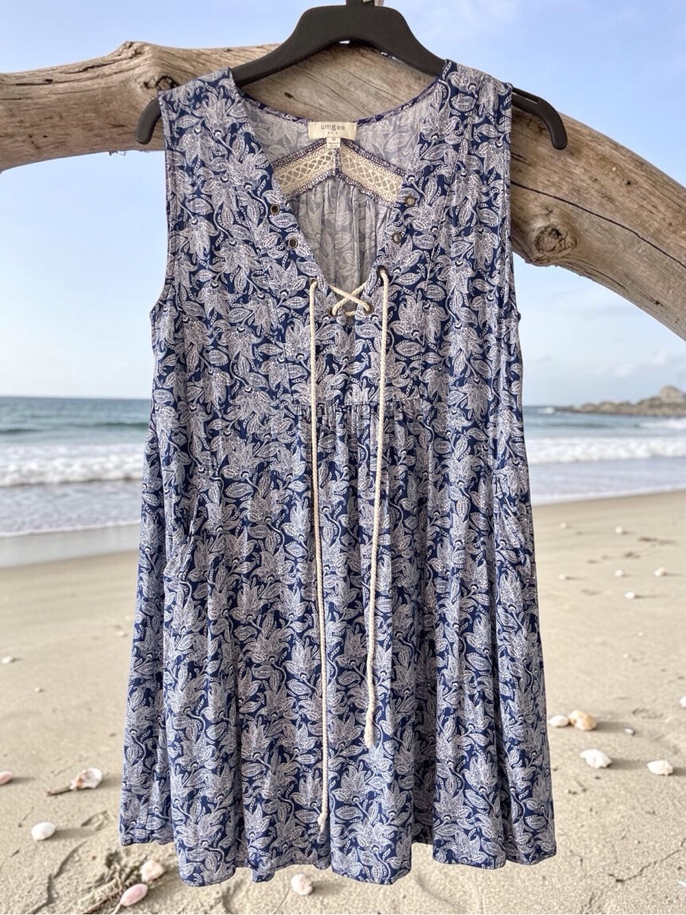 UMGEE USA | Blue Paisley Boho Lace-Up Tunic Dress